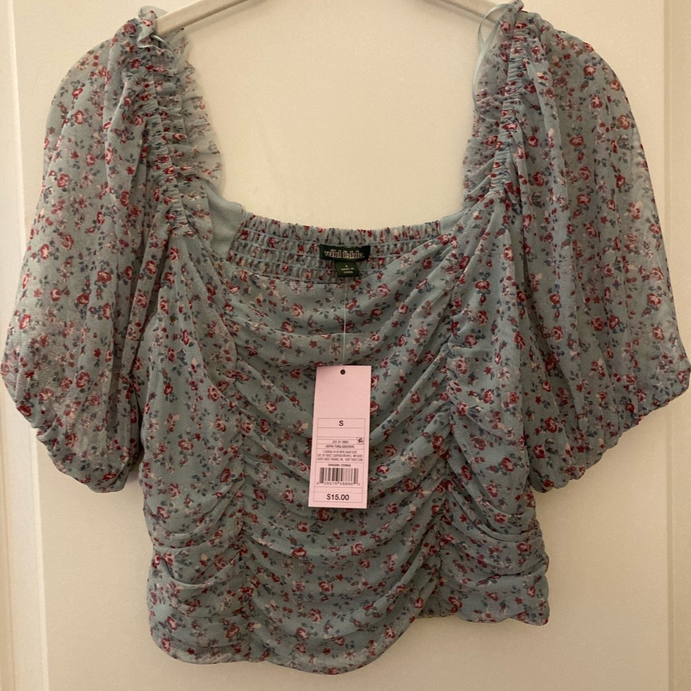 Blue floral mesh square neck top